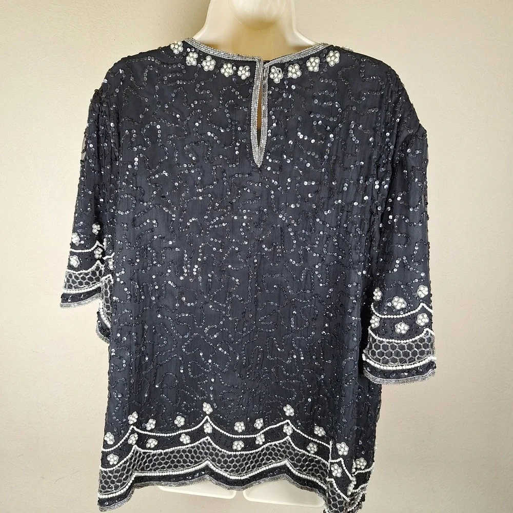 Laurence Kazar Vintage Sequin Oversized Top 80s Glam Embellished Keyhole